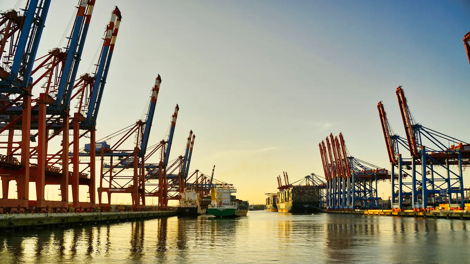 Portiques de manutention et navires à quai, au lever du jour